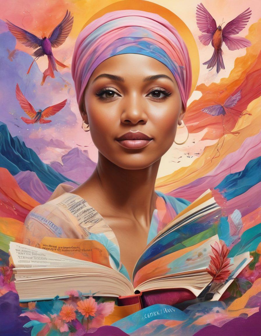 A vibrant collage depicting diverse cancer warriors, showcasing their resilience through personal stories, empowerment symbols, and essential resources like books and ribbons. Include elements of hope such as uplifting landscapes and warm, supportive colors. The background should feature soft, flowing lines symbolizing strength and unity. super-realistic. vibrant colors. inspirational.