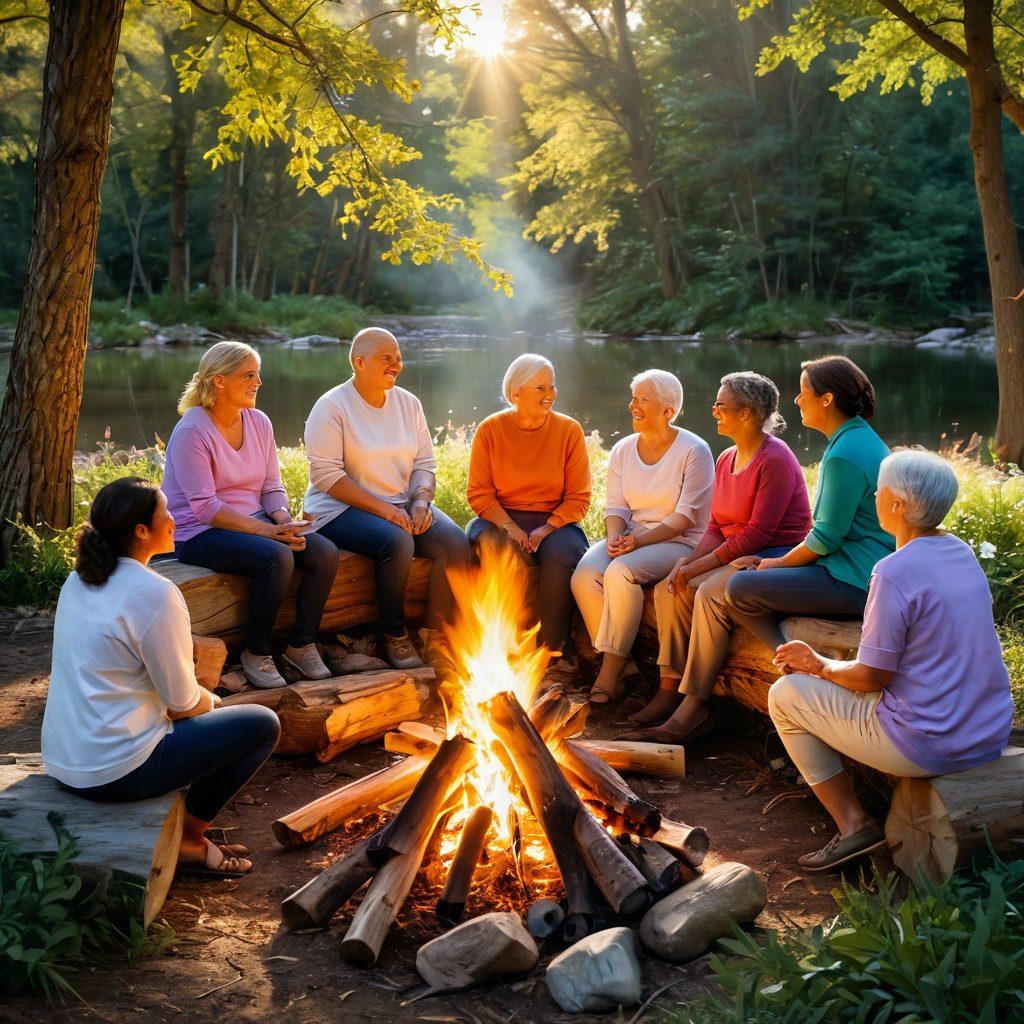A serene landscape depicting a diverse group of cancer survivors joyfully sharing stories around a glowing bonfire, with soft sunlight filtering through trees. Include elements of healing like blooming flowers and gentle streams, symbolizing hope and strength. Incorporate vibrant colors to evoke positivity and resilience. super-realistic. vibrant colors. warm tones.