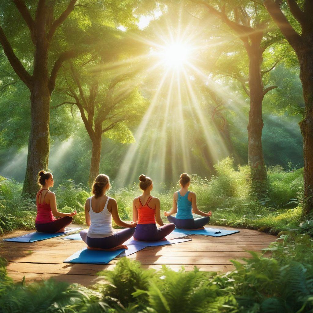 A serene setting showcasing a diverse group of people engaged in calm, supportive activities such as yoga, meditation, and healthy cooking. Bright sunlight filters through lush green trees, symbolizing hope and healing. Incorporate vibrant colors to convey a sense of life and rejuvenation, highlighting the solidarity and friendship among the participants. super-realistic. vibrant colors. uplifting atmosphere.